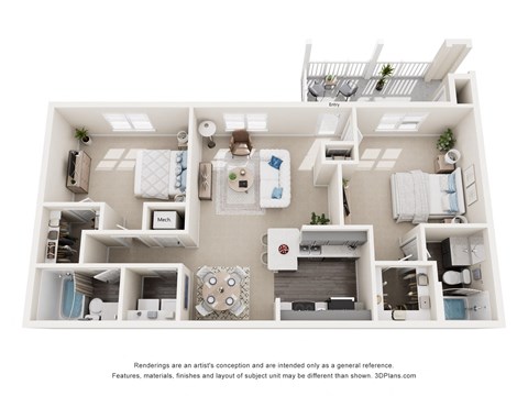 Floor plan for 2 beds, 2 baths, 1230 sqft